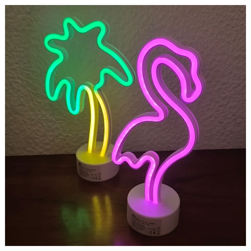 Déco de table / lampe à poser néon en forme de palmier et de flamand rose