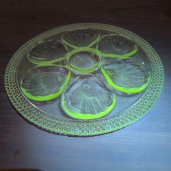 Lot de 11 assiettes à huitres vintage art dédo 1930 verre enrichi en manganese (cristallerie Bayel ?)