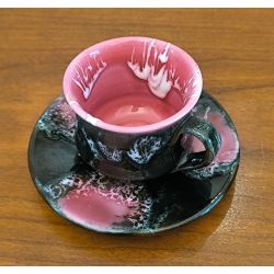 Service à café vallauris en faience vintage noir et rose (25 pièces année 70 ?)