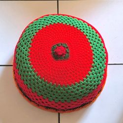 Grand coussin vintage fait main au crochet multicolore Réversible