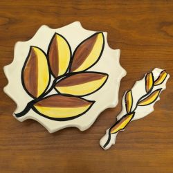 Plat à gâteau avec pelle à tarte VALLAURIS signé FASE (Faience Artistique du Sud Est) - FAIENCE / CERAMIQUE décor à la main moti