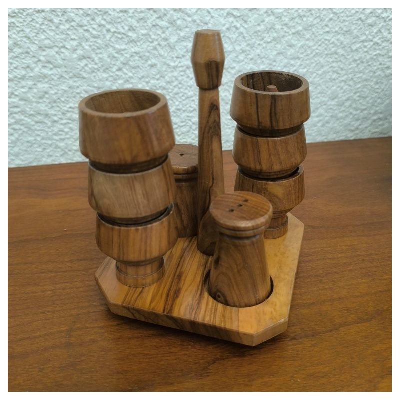 Ensemble salière et poivrière avec 4 coquetiers vintage en bois massif avec support assorti
