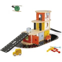 jeu en bois Le garage de Janod Garage en Bois Massif  - 3 Voitures et 1 Hélicoptère Inclus 