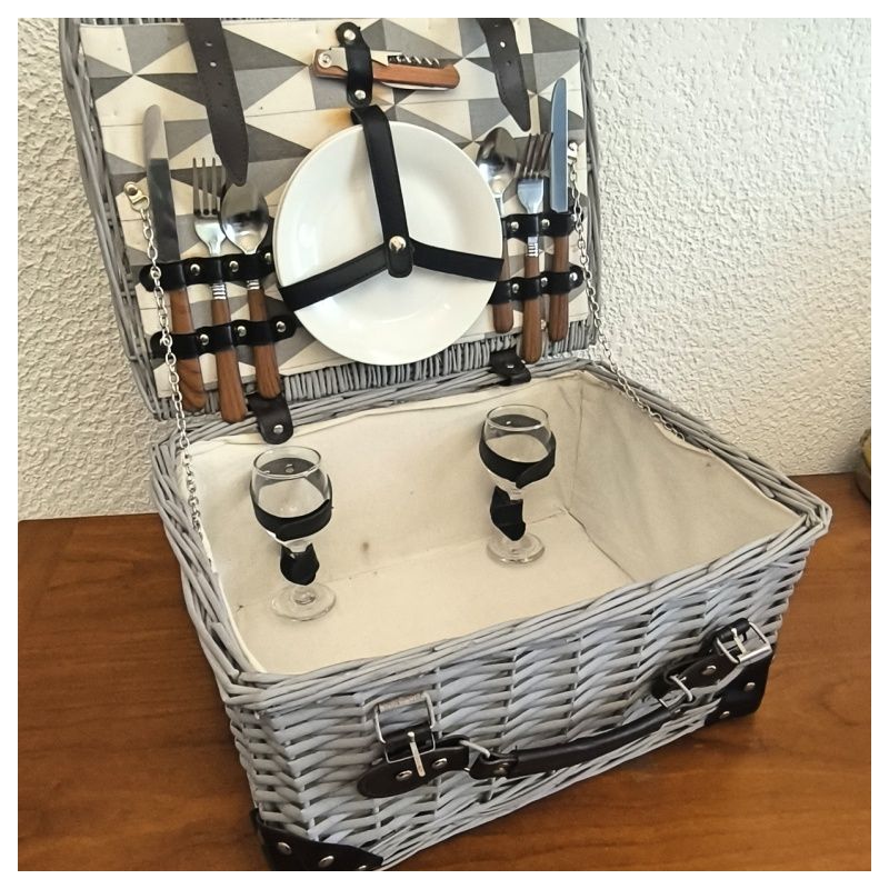 Panier picnic gris en osier pour 2 personnes