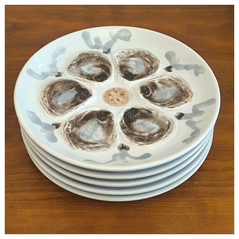 lot de 5 assiettes à huîtres vintage – Faïence de Saint-Amand (Années 50/60)