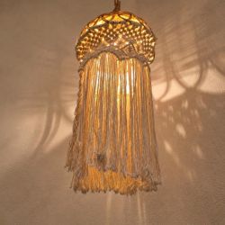 suspension, luminaire, lustre vintage en rotin et macramé