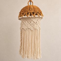 suspension, luminaire, lustre vintage en rotin et macramé