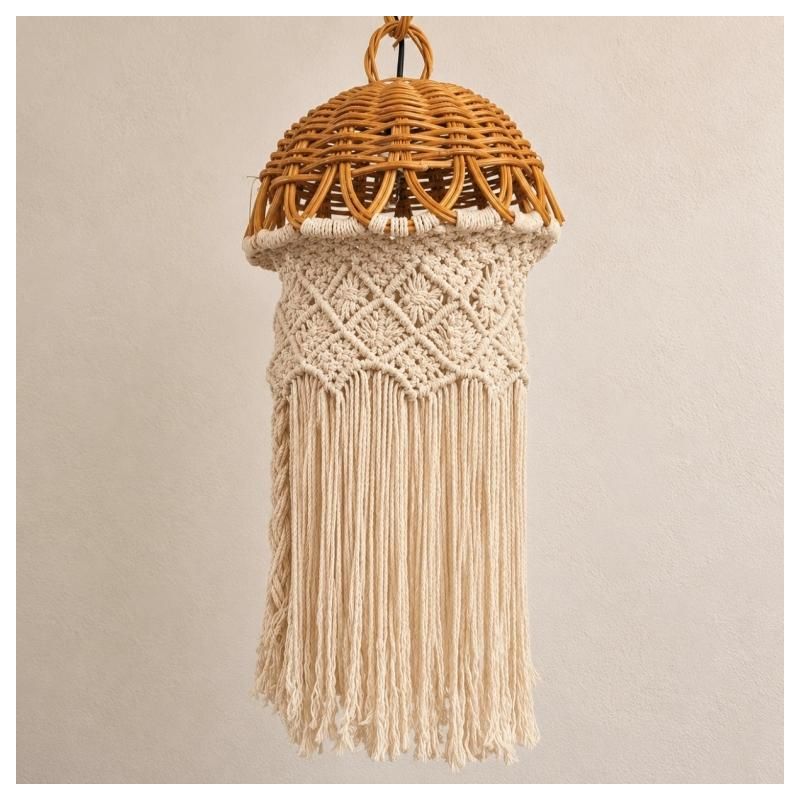 suspension, luminaire, lustre vintage en rotin et macramé