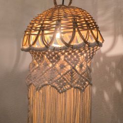 suspension, luminaire, lustre vintage en rotin et macramé