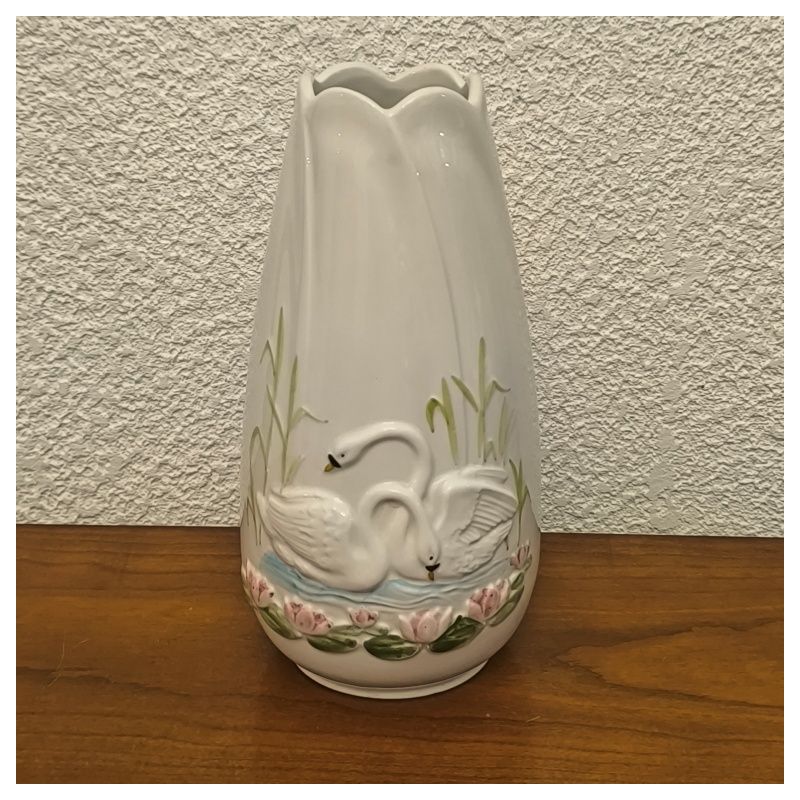 Magnifique vase vintage aux deux cygnes – décor floral