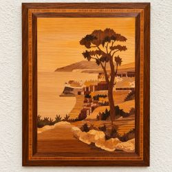 Tableau vintage en marqueterie de bois – Paysage méditerranéen