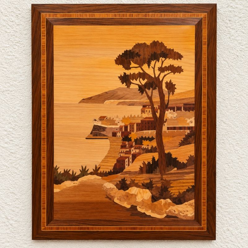 Tableau vintage en marqueterie de bois – Paysage méditerranéen