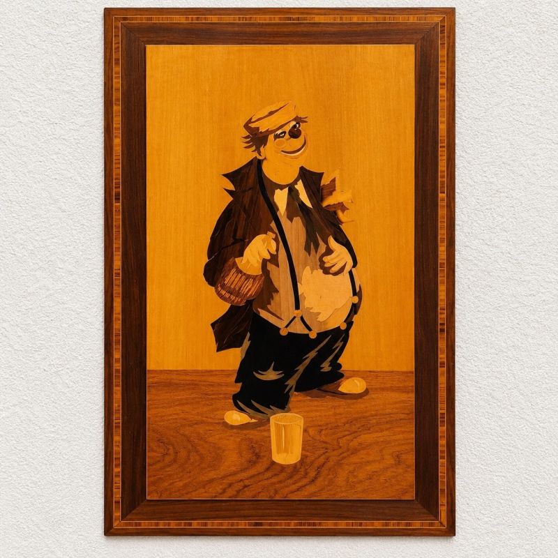 Ancien tableau en marqueterie de bois le clown