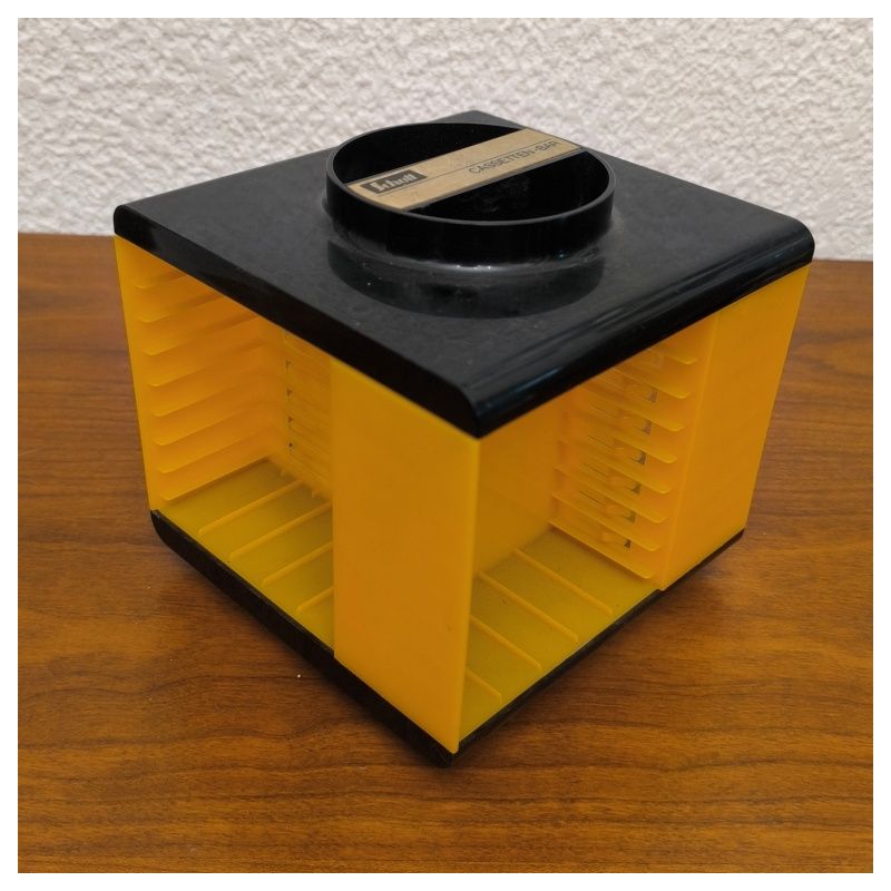 Porte-cassettes vintage Lindner – Jaune et noir – Design rétro