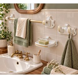 Ensemble accessoires de salle de bain vintage céramique blanche et doré