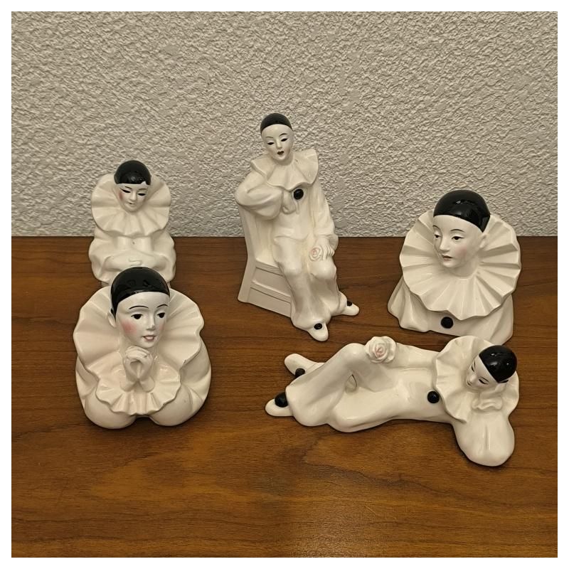Lot complet 5 figurines Pierrot en céramique vintage (Années 70/80)