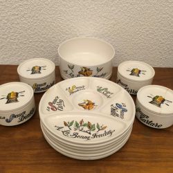 service à fondue vintage en faïence - Gien  Modèle "A la Bonne Fondue" (Années 70)